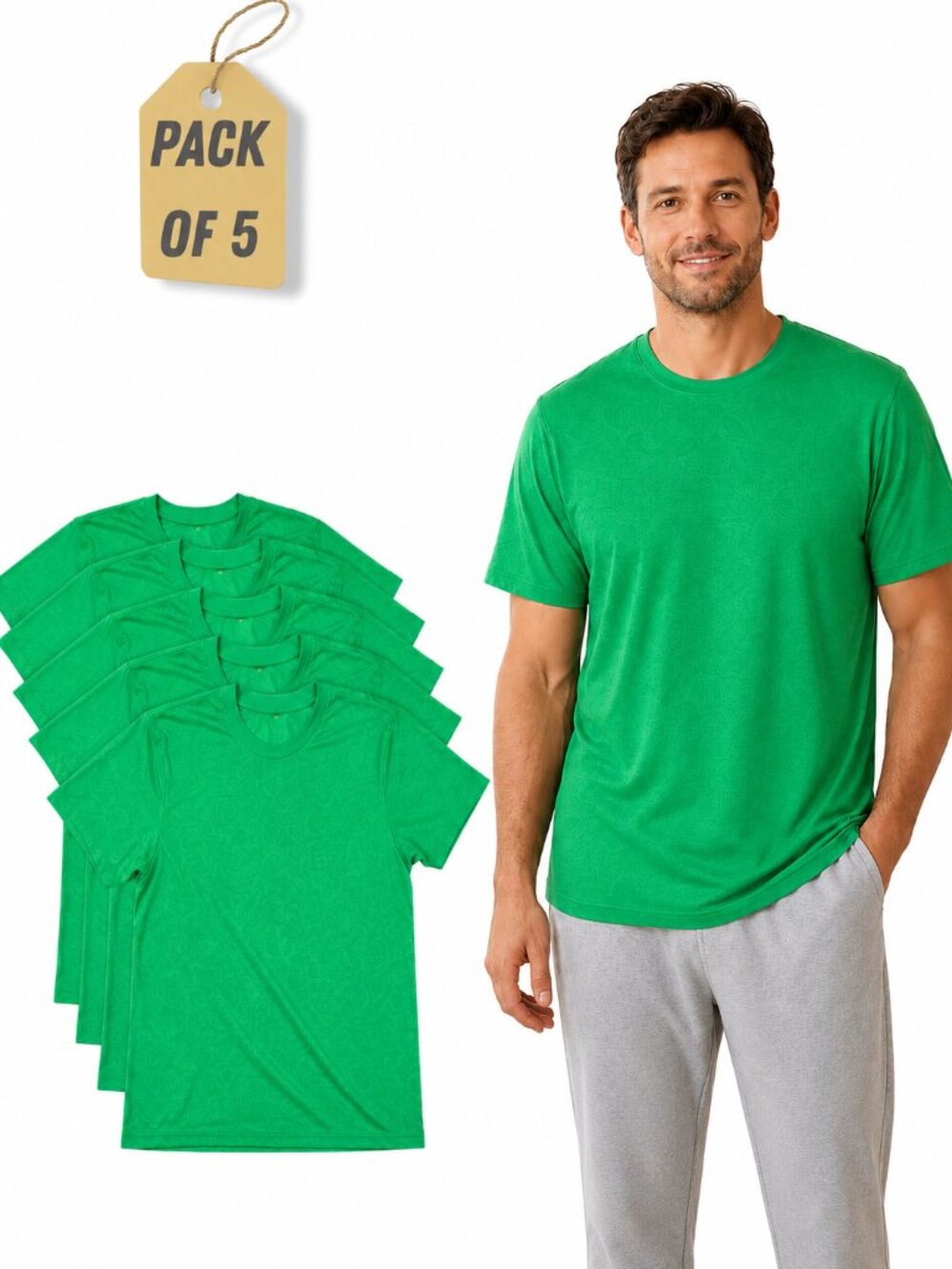 Men's 5-Pack Green Crew Neck T-Shirts, Plain Basic Short Sleeve Tee Bundle